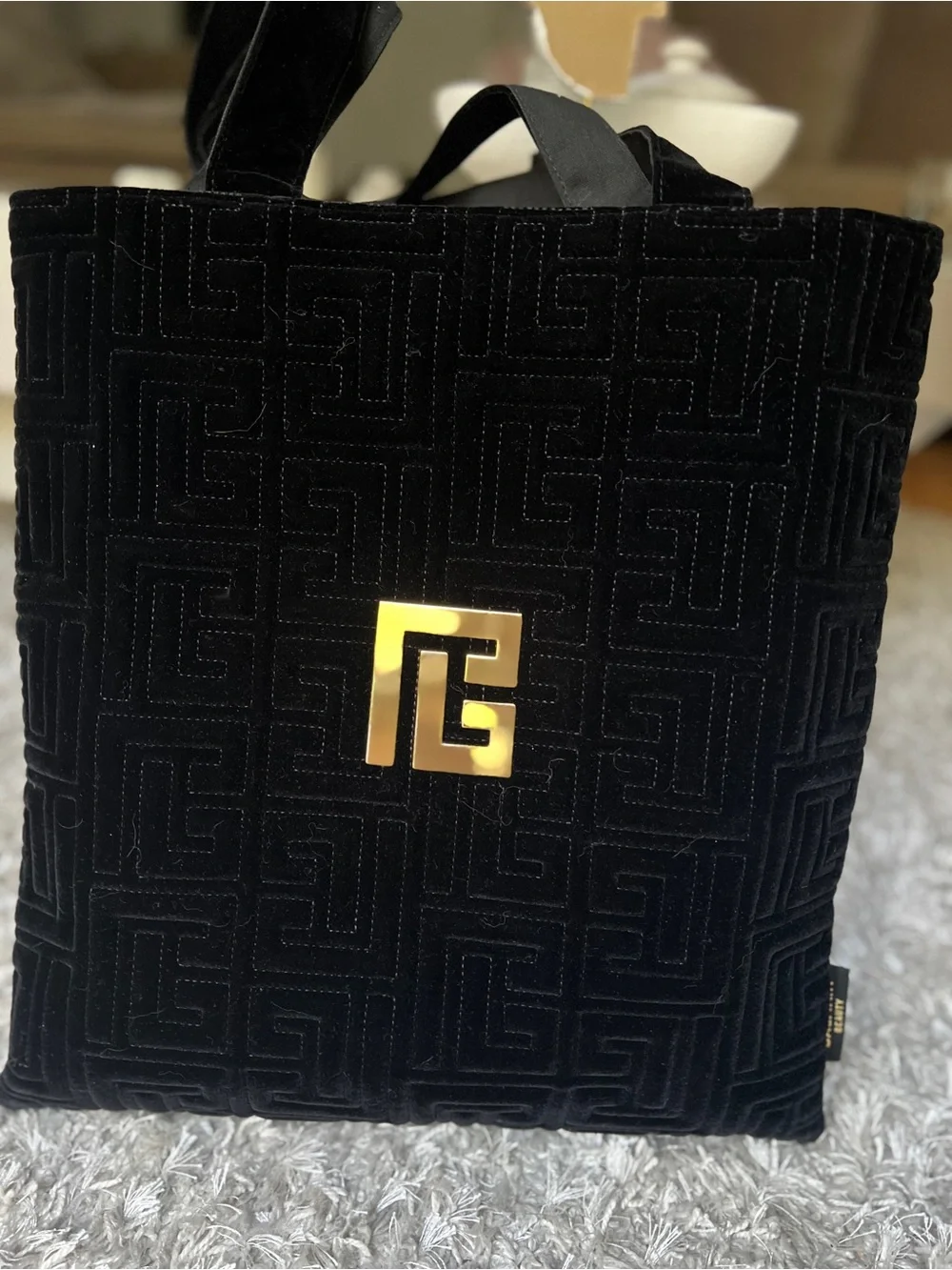 Balmain Black Velvet Tote Bag with Gold Logo
